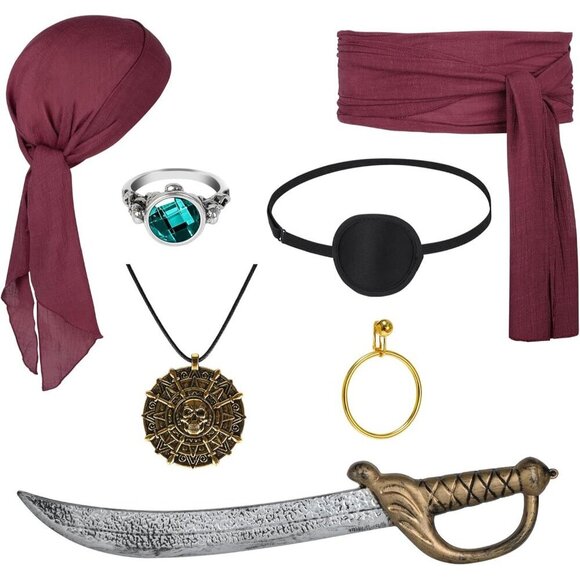 Pirate Costume Accessories Set Women Men Includes Bandana Belt Mask Jewelry